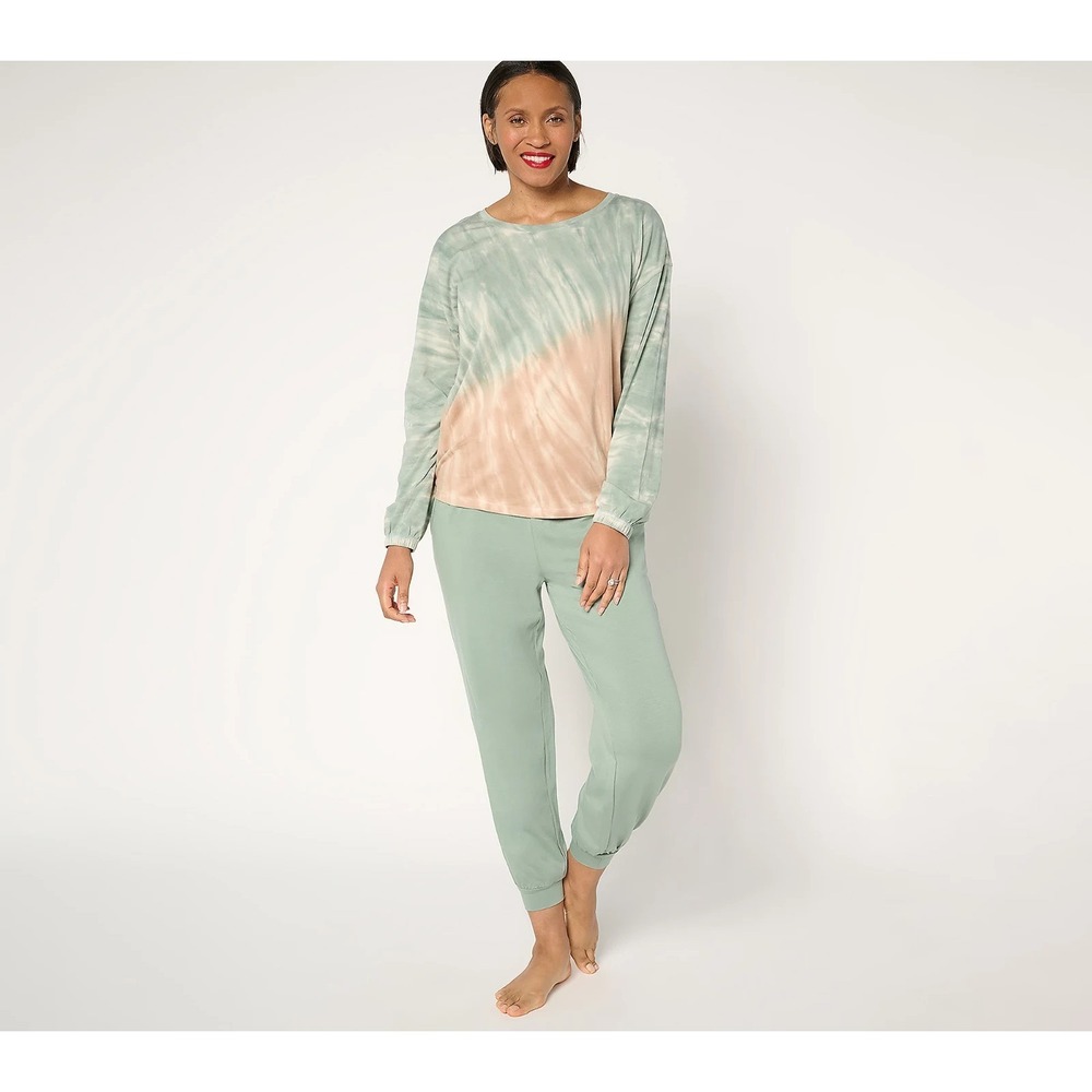 AnyBody Tall Cozy Knit Tie-Dye Top and Jogger Set Sage/Toffee,Tall X-Small 132-w